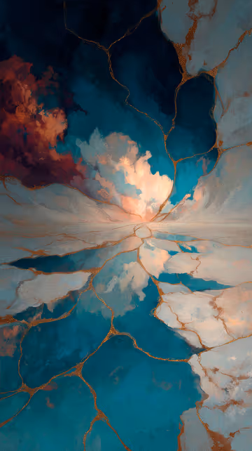 An abstract digital landscape where deep teal terrain is fractured by glowing golden kintsugi lines, leading to a radiant, peach-coloured cloud formation.