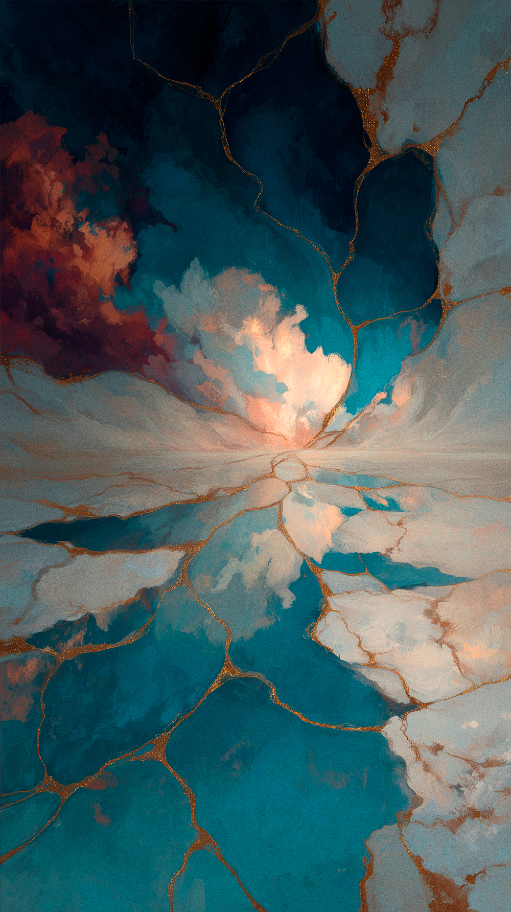 An abstract digital landscape where deep teal terrain is fractured by glowing golden kintsugi lines, leading to a radiant, peach-coloured cloud formation.