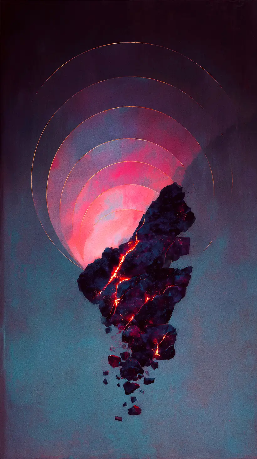 A jagged, dark floating rock cracking apart at its base to reveal glowing orange lava veins. Behind it, a vibrant pink and red glowing orb is framed by thin, concentric golden circles against a moody, dark blue background.