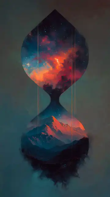 A silhouette of an hourglass formed by negative space. The top bulb contains a vibrant, starry cosmic nebula in reds and blues; the bottom bulb shows glowing red mountain peaks. Fine, vertical golden lines intersect the glass.