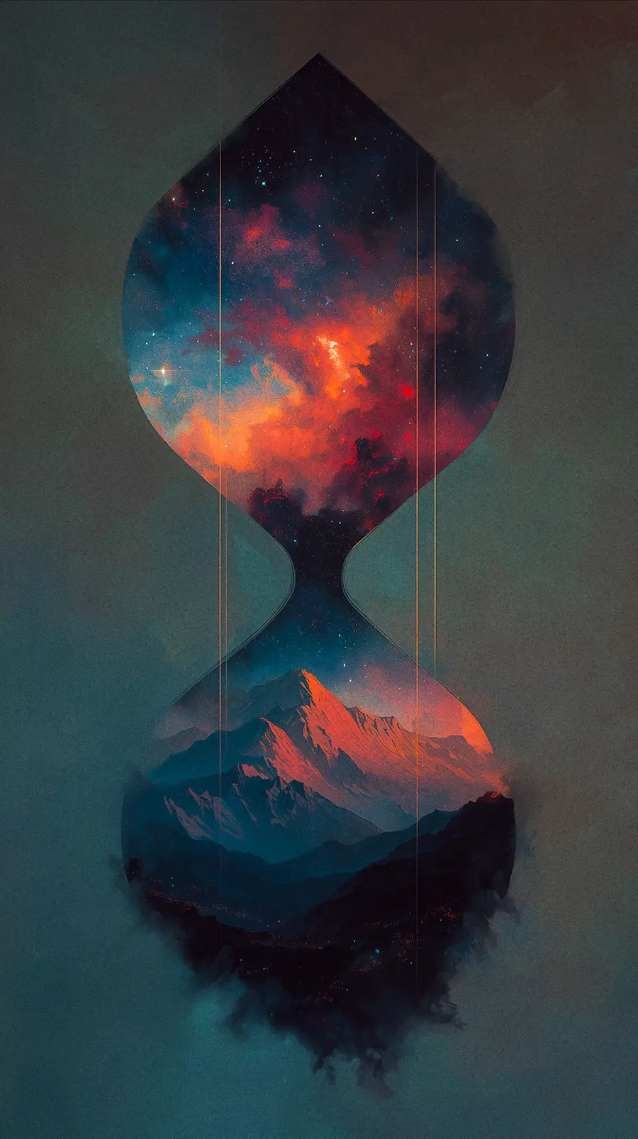 A silhouette of an hourglass formed by negative space. The top bulb contains a vibrant, starry cosmic nebula in reds and blues; the bottom bulb shows glowing red mountain peaks. Fine, vertical golden lines intersect the glass.