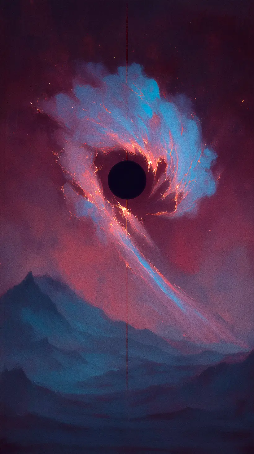 The curved edge of a planet in space, illuminated by a bright orange and pink sunrise. The light highlights deep blue atmospheric nebulae and scattered surface lights.