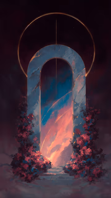 A tall stone archway acting as a portal to a bright, swirling sky of pinks and blues. Stone steps lead up to the arch, flanked by dark bushes with bright pink and red blooms. A large golden circle glows behind the arch's peak.