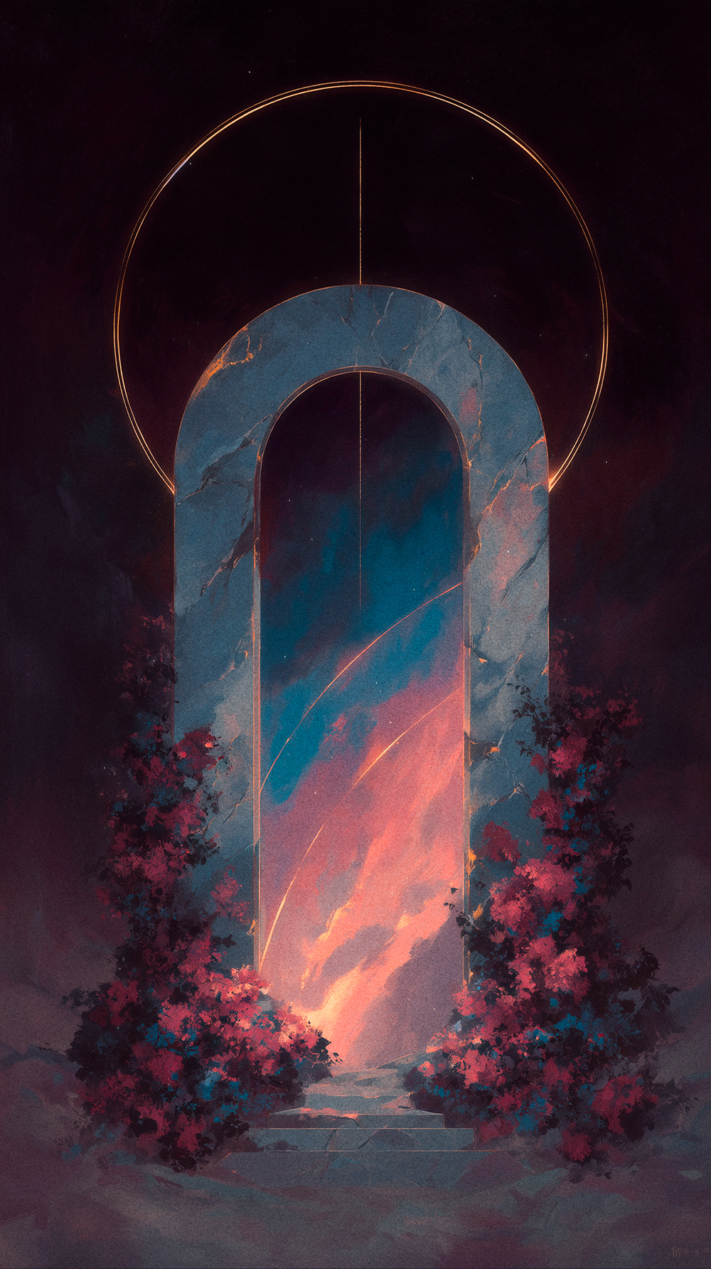 A tall stone archway acting as a portal to a bright, swirling sky of pinks and blues. Stone steps lead up to the arch, flanked by dark bushes with bright pink and red blooms. A large golden circle glows behind the arch's peak.