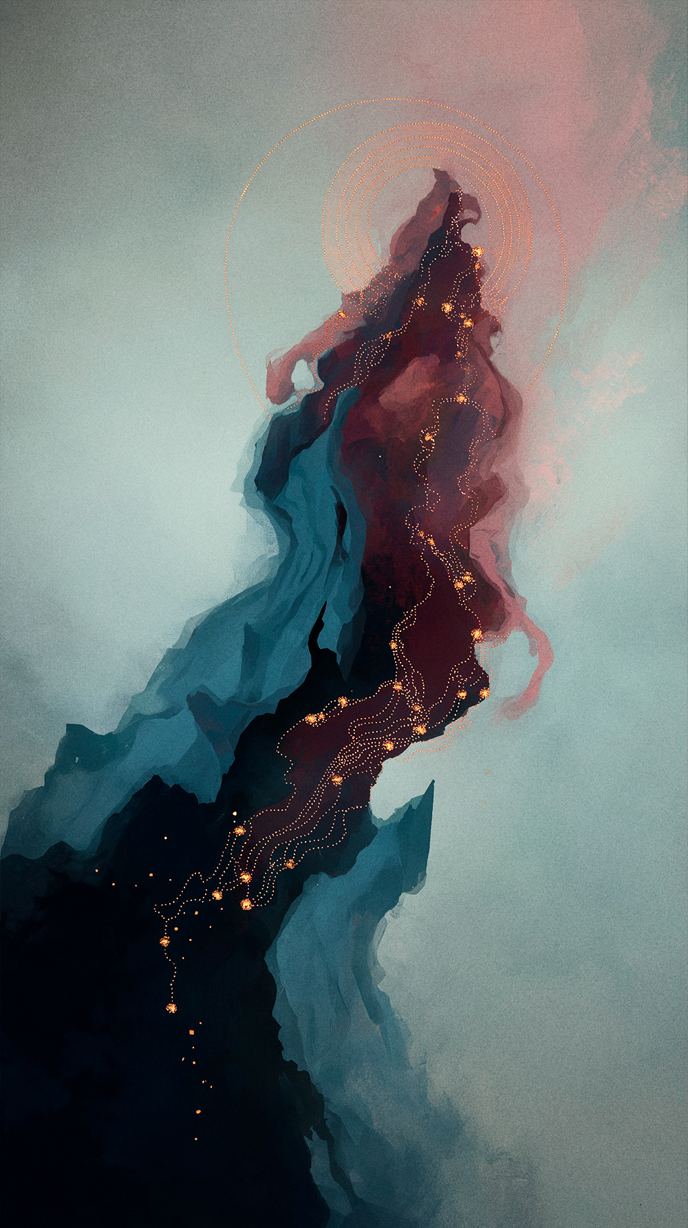 A towering, abstract form resembling swirling smoke or jagged cliffs, split between deep teal and dark crimson. A winding path of glowing golden dots travels up the centre to the peak, crowned by faint golden halos.