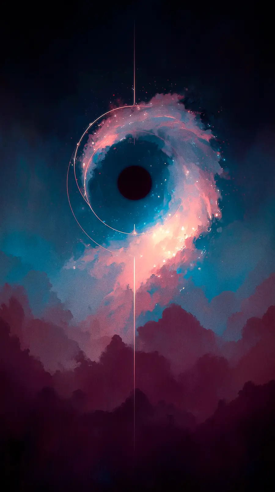 A solid black circle engulfed in a soft, swirling nebula of pink and blue cosmic dust. Thin golden rings orbit the centre, bisected by a straight vertical golden line, with layered, dark crimson clouds resting at the bottom.