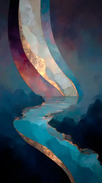 A winding, bright teal river flowing through dark terrain. The river emerges from beneath sweeping, crescent-shaped abstract structures accented by textured gold-leaf edges.