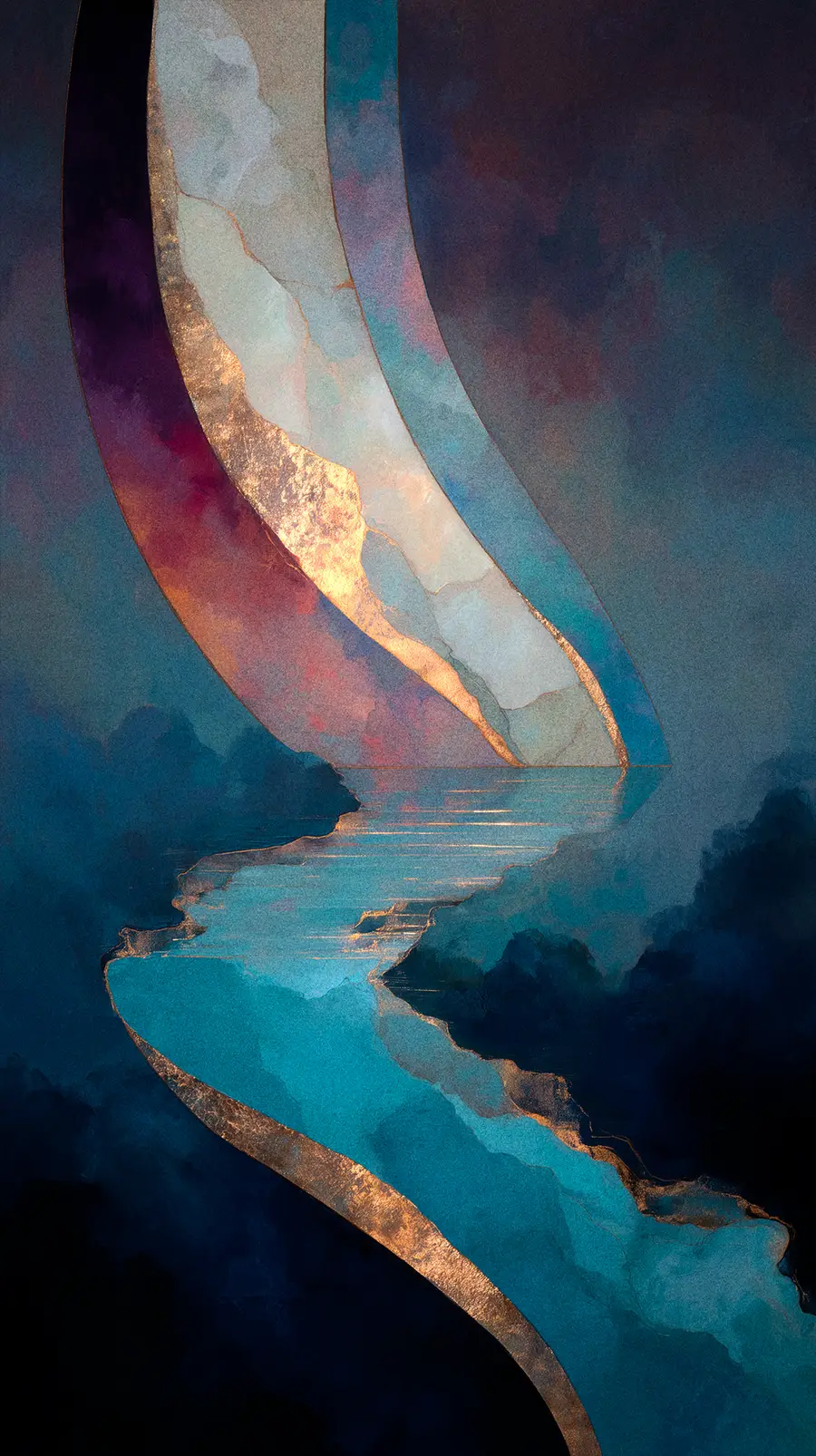 A winding, bright teal river flowing through dark terrain. The river emerges from beneath sweeping, crescent-shaped abstract structures accented by textured gold-leaf edges.