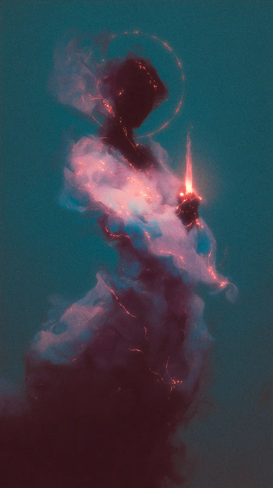 A robed figure formed from thick, swirling blue and purple smoke. The haloed silhouette cradles a bright ember, with veins of fiery red and gold energy illuminating the haze.